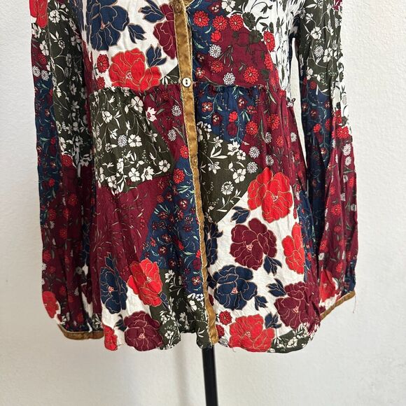 Zara Trafaluc Top Medium Patchwork Babydoll Dark Floral Bohemian Velvet Trim - Picture 3 of 8